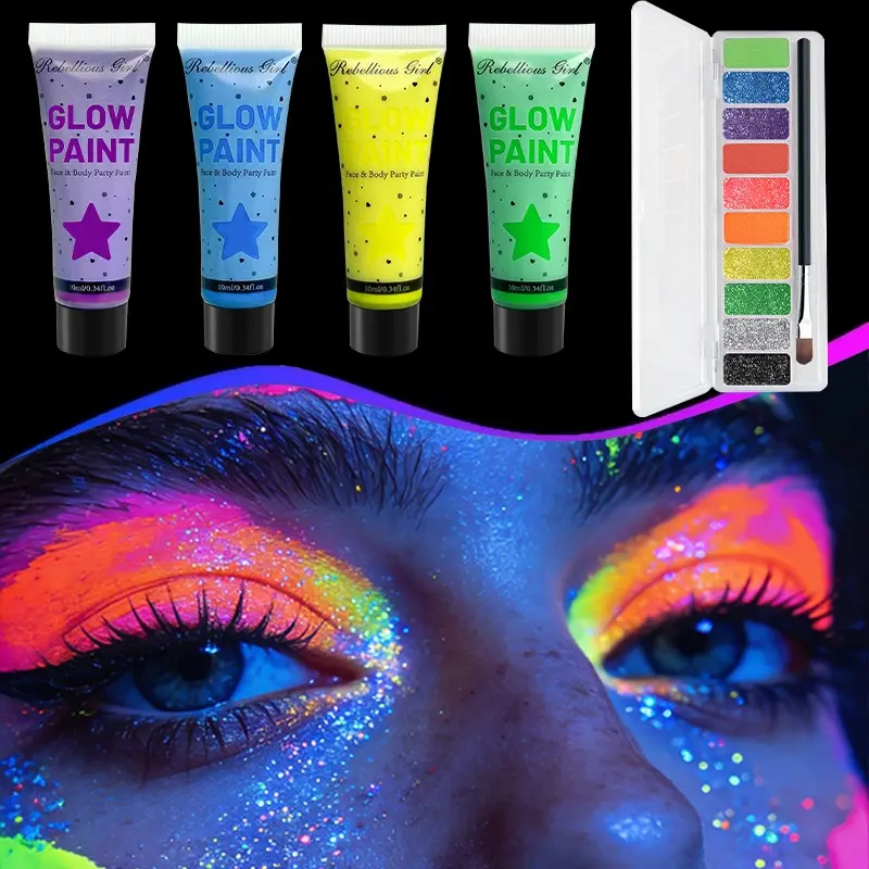 Fluorescent Makeup Set, 4 Color UV Fluorescent Paints + 10 Color Eyeshadow Palette, Perfect for Parties, Cosplay, Halloween, Night Events
