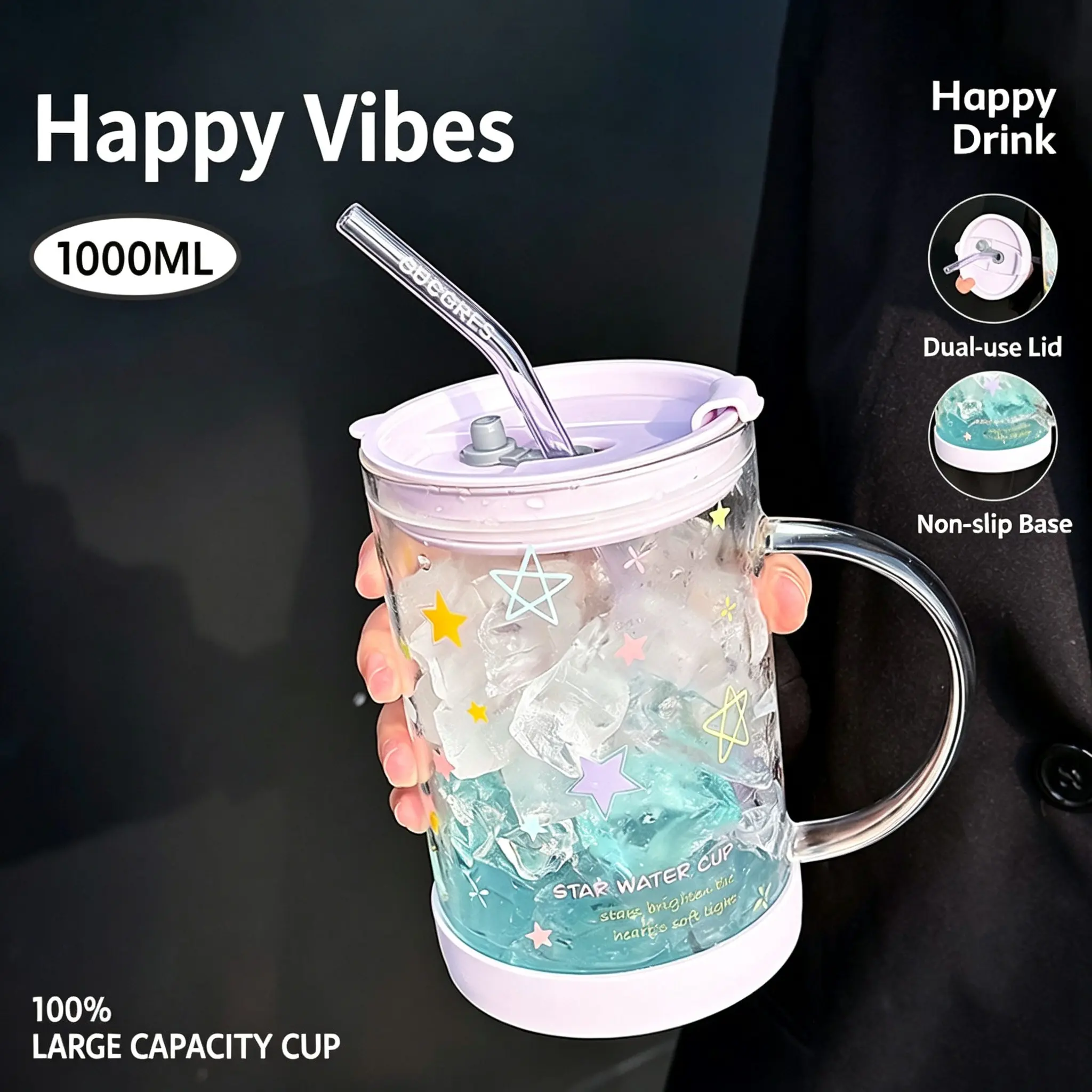 1000ml Aurora Purple Starry Sky Glass Cup with Handle – Large-capacity, reusable coffee and water tumbler; includes a dual-sip lid, coaster, straw, and glass body.