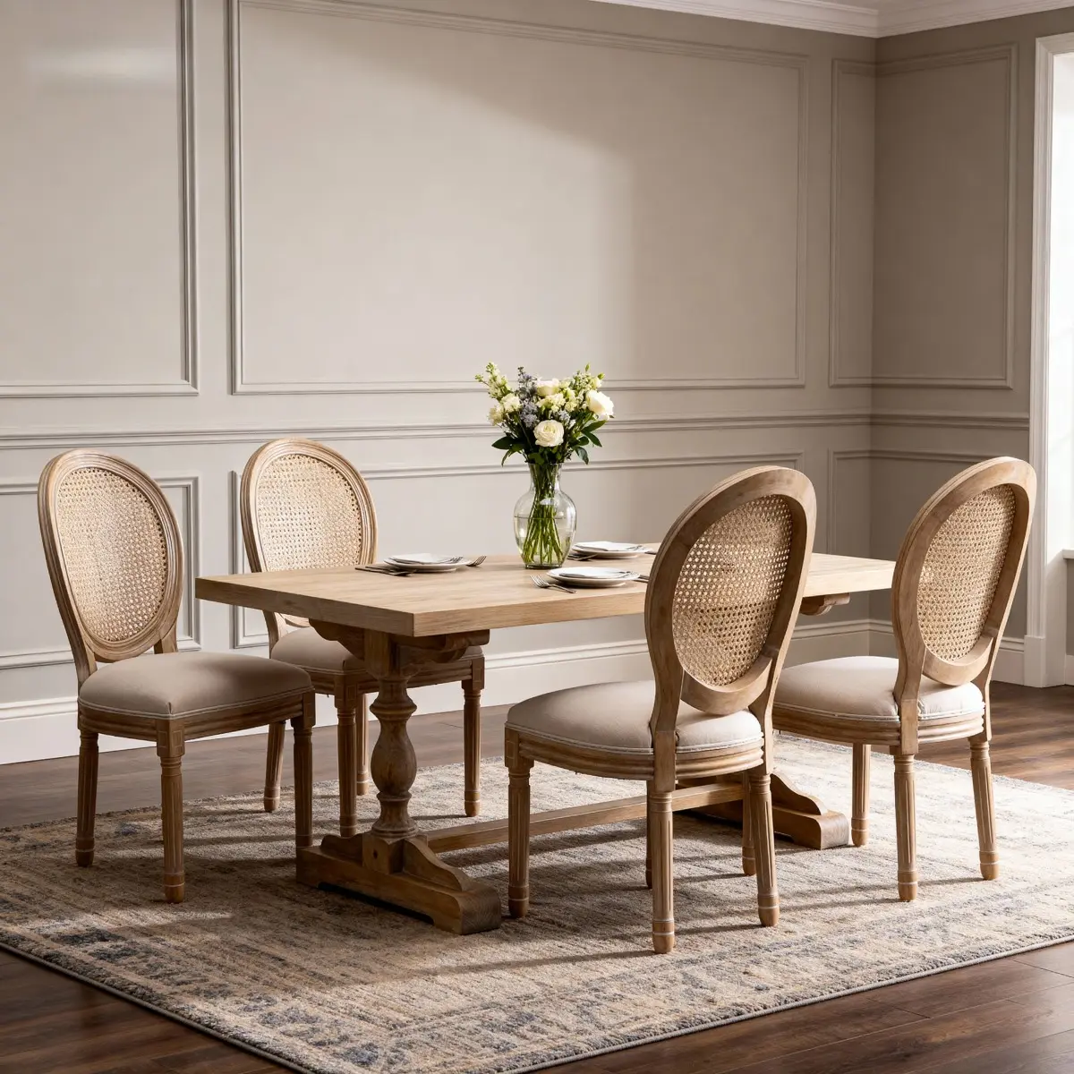 Retro Classic Beige Upholstered French Country Dining Chairs Set of 2 - Solid Wood, Round Back, Wire Drawings Technique, Without Arms, for Living Room, Kitchen Use