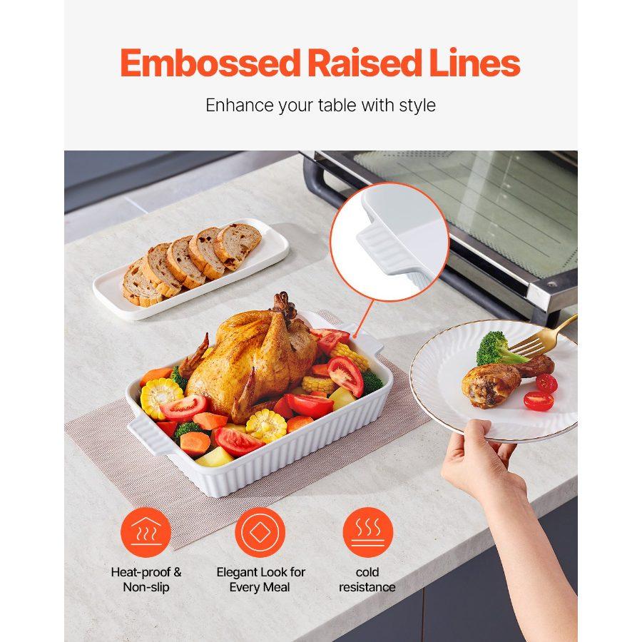 VEVOR Ceramic Baking Dish, Large 9x 13 Pan, Rectangular Bakeware with Double Handles, Oven Secure, Lasagna Pan, Casserole Dish Deep for Baking and Serving, Thanksgiving Christmas Present, White