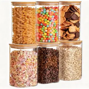 6-Pack Food Jars Set (3 Square + 3 Round), 37oz Airtight Clear Canisters with Bamboo Lids, Stackable Pantry Containers for Flour, Sugar, Rice, Pasta, Nuts, Candy & Spice Organization