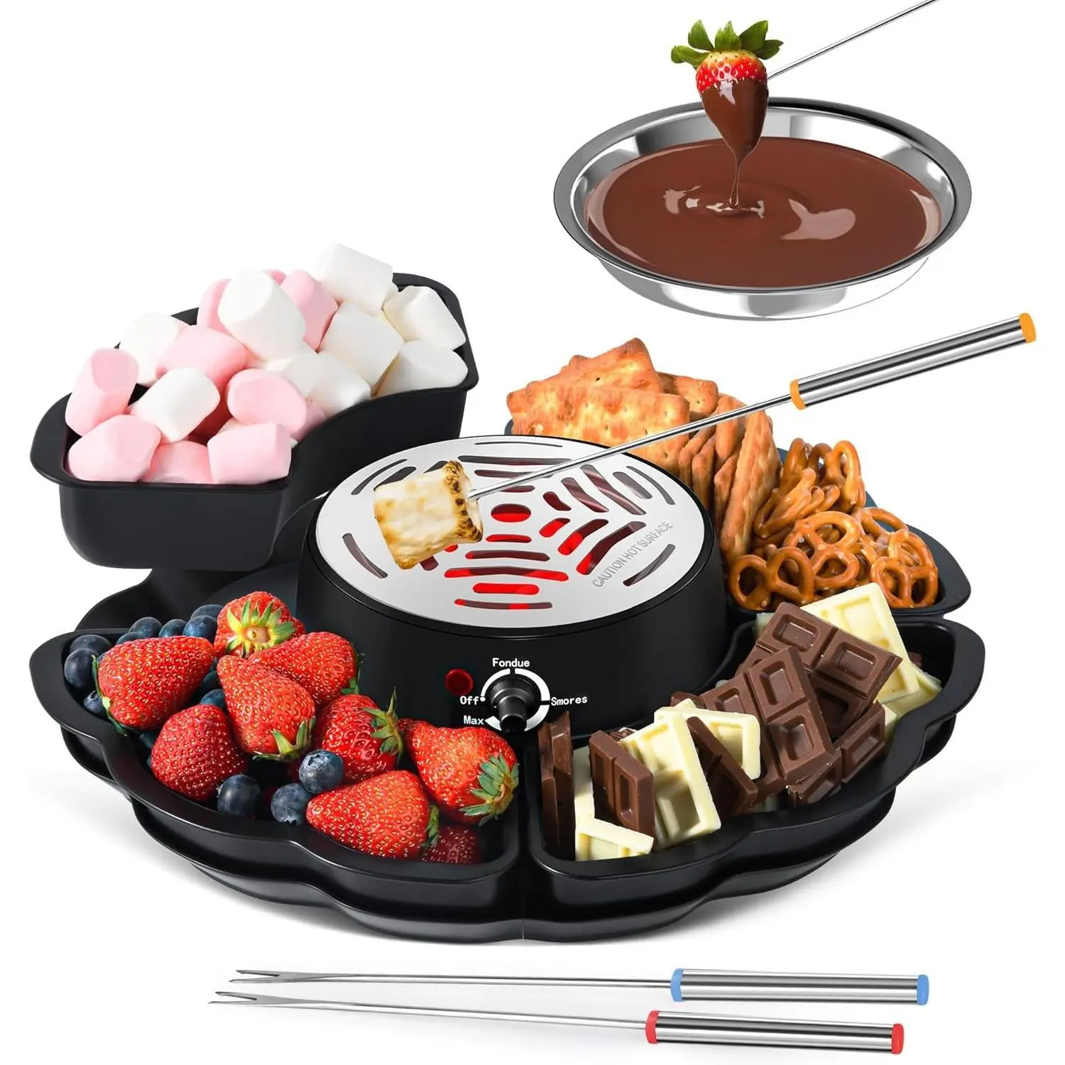 2-in-1 Electric S'mores Maker & Fondue Pot, Tabletop Indoor Smores Kit with 4 Roasting Forks, 4 Detachable Trays & Flameless Temperature-controlled Heater, Perfect for Movie Night & Housewarming Gifts