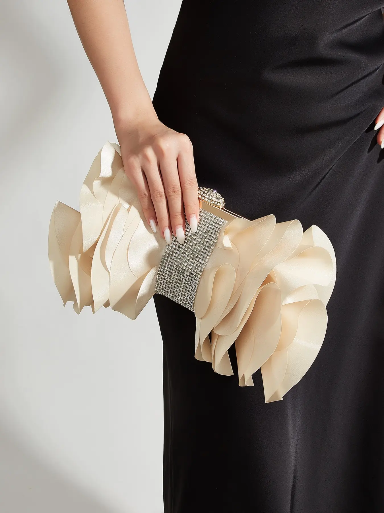 Clutch Bag Polyester Satin Apricot Pleated Ruffle Rhinestone Clasp Evening Party Bridal Wedding Crossbody Purse Elegant Clutch