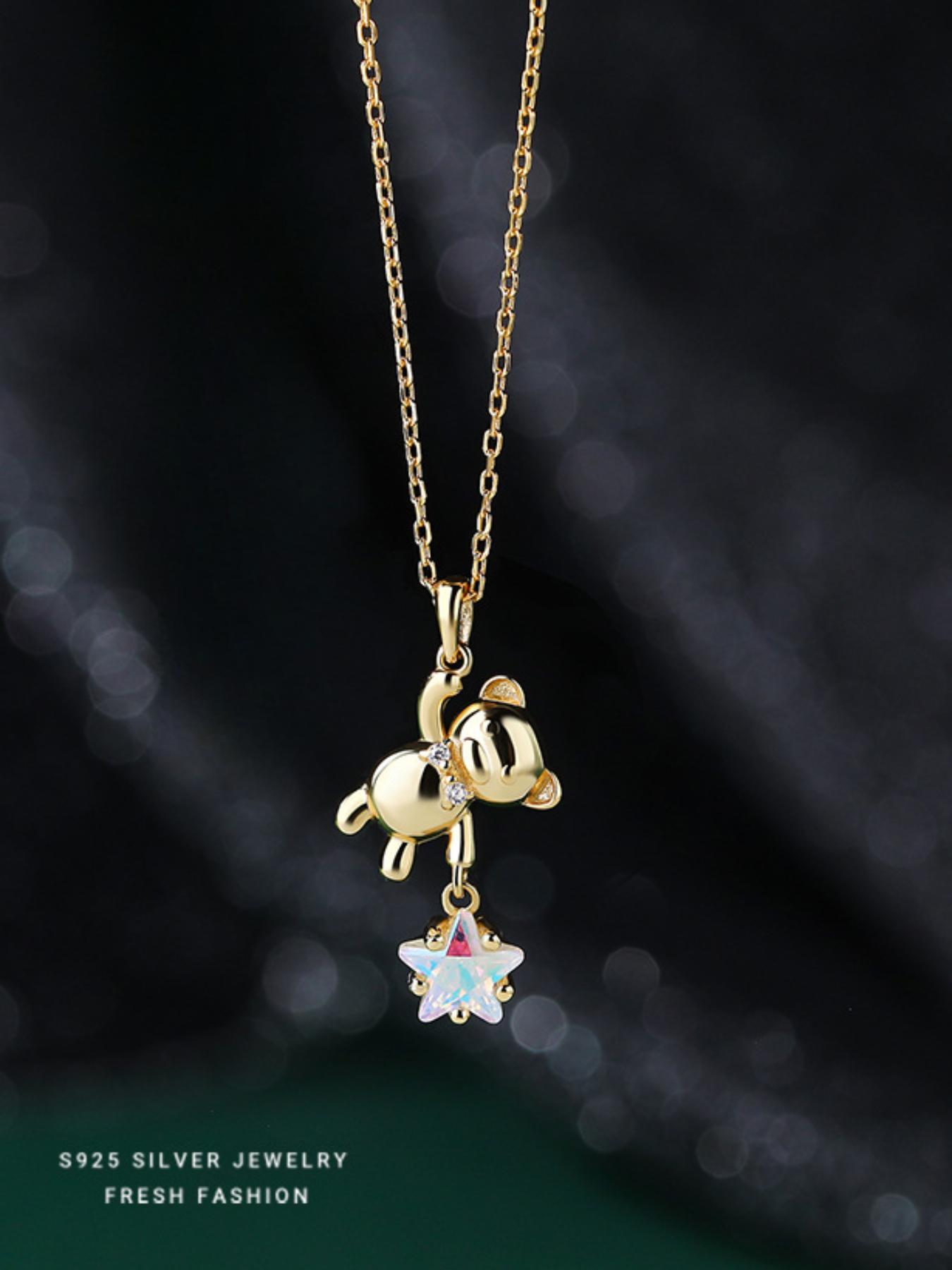 S925 Sterling Silver Cute Bear & Star Design Pendant Necklace, Animal Pendant, Fashion Jewelry for Party, Daily Decor, Trendy All-match & Exquisite Jewelry for Birthday Gift