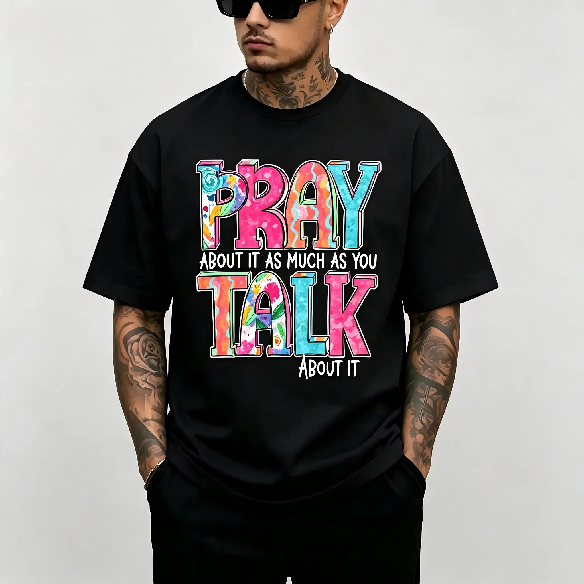 "Pray About It As Much As You Talk About It" Christian T-Shirt for Men Women – Watercolor Floral Bold Letter Graphic Tee, Soft Stretch Cotton Crew Neck Short Sleeve, Regular Fit Faith Streetwear, All Season Casual Top, Machine Washable