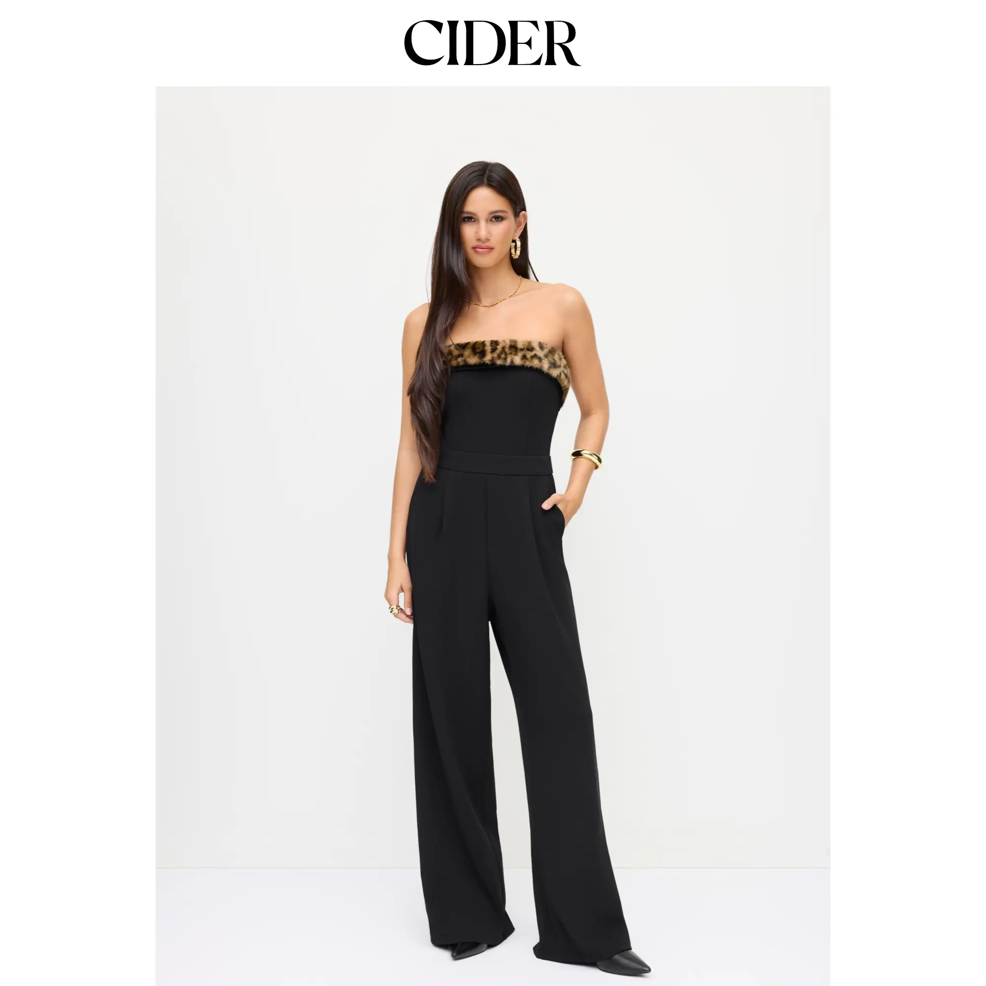 Cider Leopard Faux Fur Trim Wide Leg Bandeau Jumpsuit