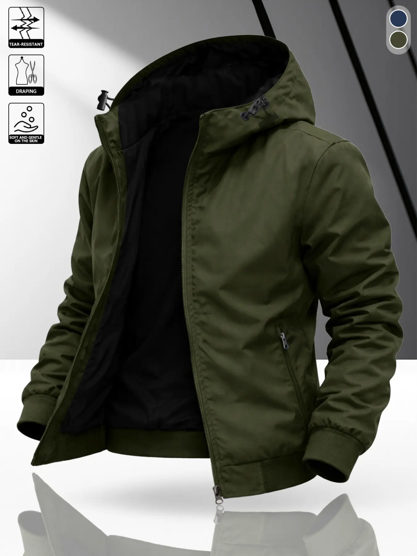 Men's American Style Hooded Zipper Baseball Jacket, Plain Color, Long Sleeve, Loose Fit, Casual Outerwear, Daily Wear, Trendy