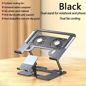 Two-In-One Laptop Stand with Dual Turbine Fan Cooling System, Foldable Adjustable Non-Slip Desktop Stand for Tablets and Phones