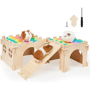 Extra Large Detachable Wooden Guinea Pig Hideout Castle with Stairs & Mats, Multiple Doors & Windows for Small Animal Habitats