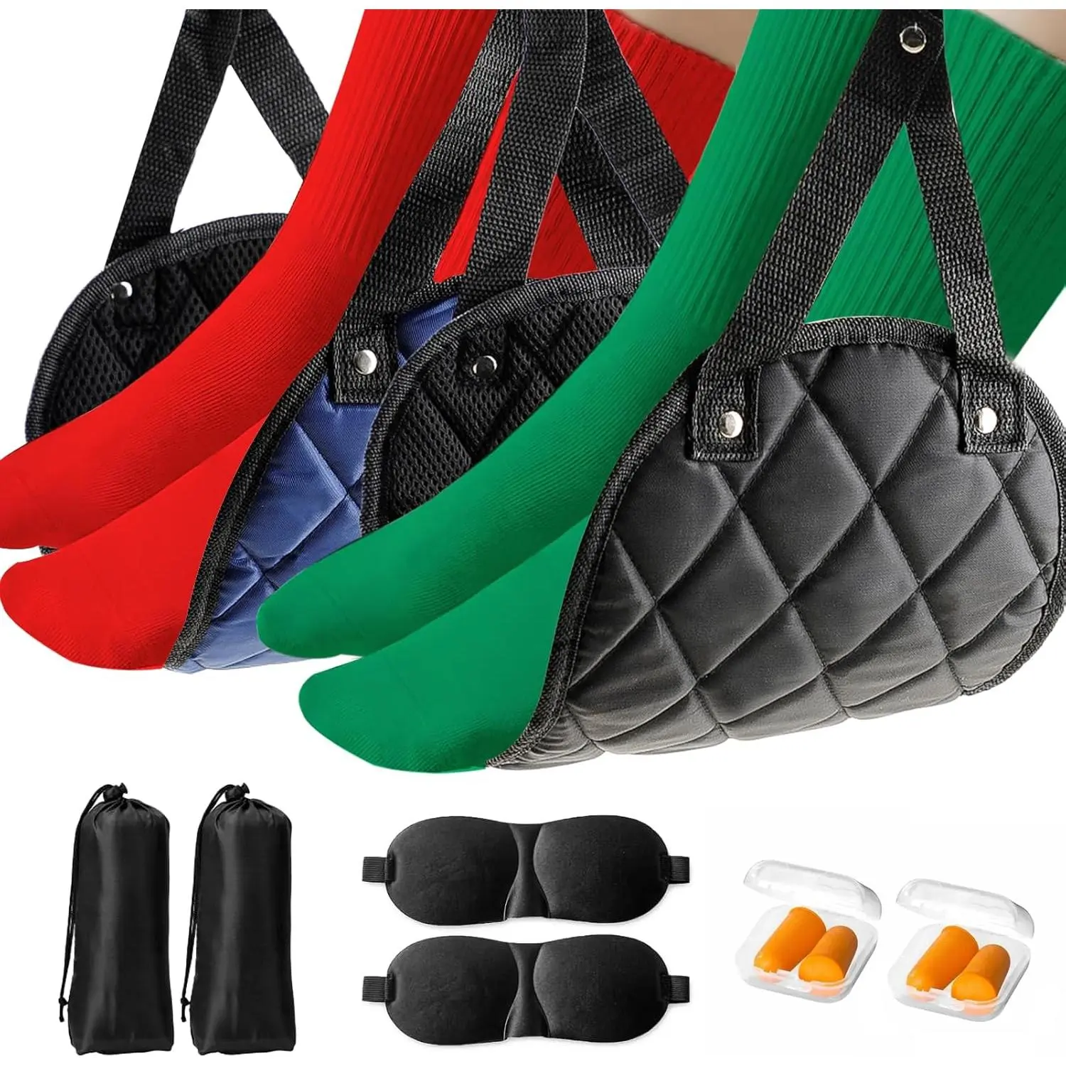 Premium 2-Pack Airplane Foot Hammock with 2 Eye Masks & 2 Earplugs Set - Adjustable Length Foot Rest for Comfortable Plane Travel, Portable Under Desk Flight Foot Leg Sling
