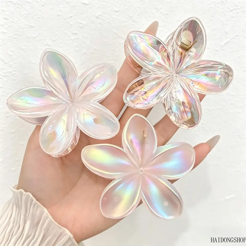 Viral Dreamy Coastal Summer Aesthetic New Iridescent Clear Plumeria Flower Hair Claw Clips For Women, Elegant Shimmer Floral Hair Jaw Grips, Trendy Accessory For Beach Vacation Bridal Wedding Casual Summer Outfit Styling