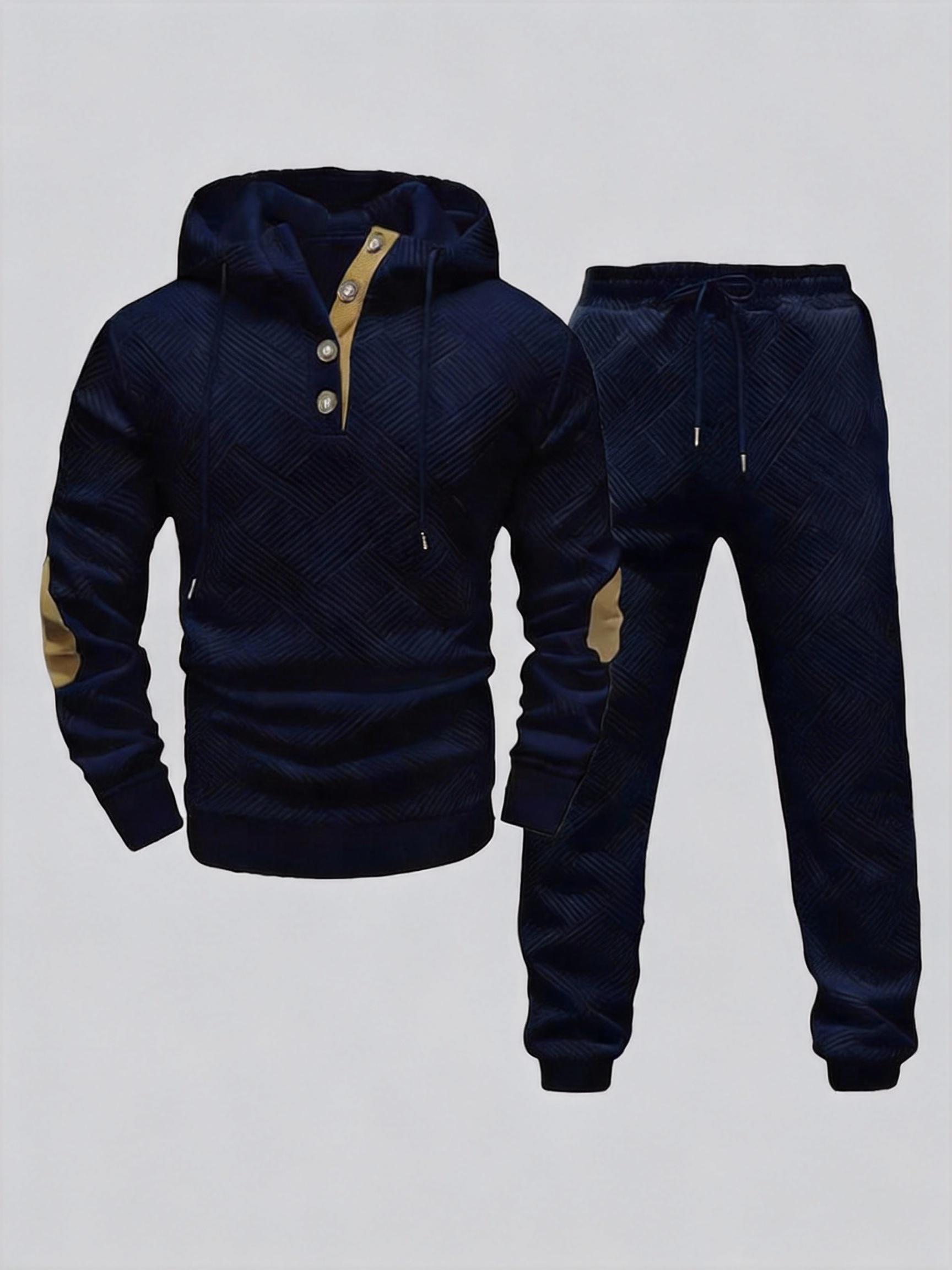 Men's 2-Piece Beige Tracksuit (Hoodie & Joggers) - Diamond Texture, Half-Button Placket (Brown Accent), Casual Stylish Outfit