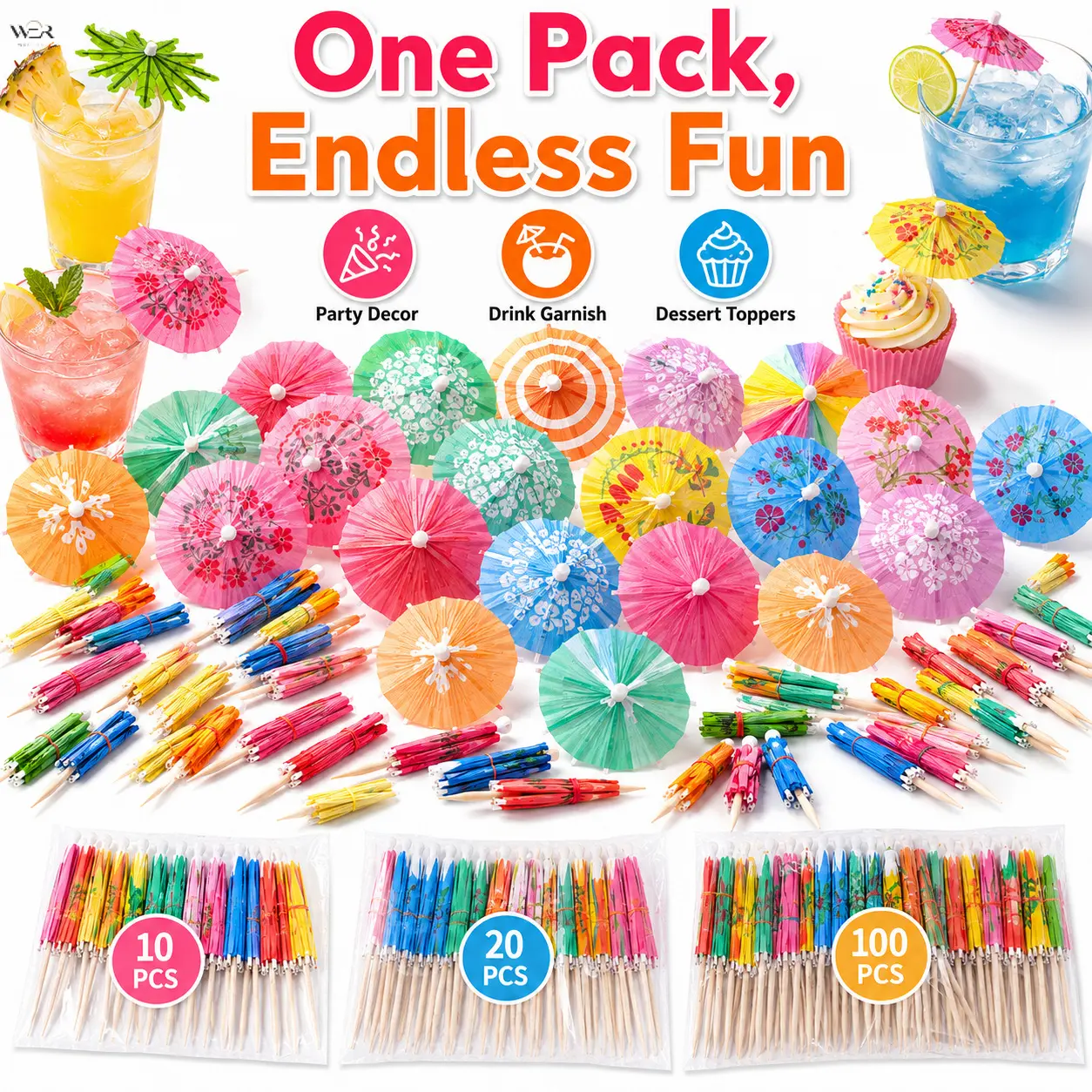 Paper Cocktail Umbrella Toothpicks, 6 Styles Mini Decorative Drink Parasol Picks, Disposable Bamboo Fruit Cupcake Garnish Sticks for Tropical Hawaiian Luau Party Cocktail Beverage Food Decoration