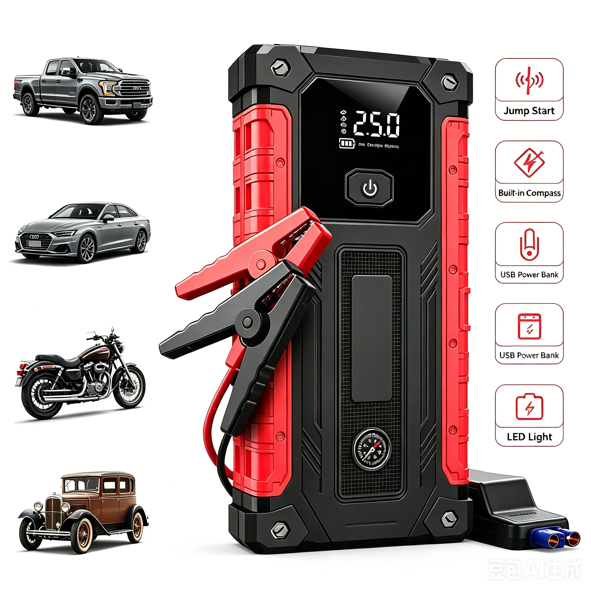 5-in-1 12V Car Emergency Jump Starter Power Bank, Portable Battery Booster with LED Emergency Light and Compass, Fast-Charging Power Bank Function, Suitable for Cars, Trucks, and SUVs for Emergency Rescue