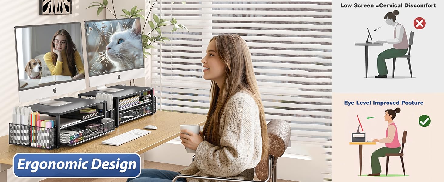 OPNICE Desk Organizer and Accessories, 2-Tier Computer Monitor Stand Riser with Drawer and 2 Pen Holders, Laptop Stand, Office Desk Accessories for Office Supplies, Black OPNICE Desk Organizer and Accessories, 2-Tier Computer Monitor Stand Riser with Drawer and 2 Pen Holders, Laptop Stand, Office Desk Accessories for Office Supplies, Black