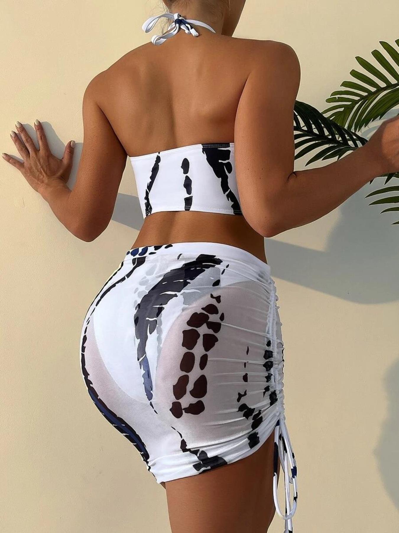 Three-Piece Set Women's Colorblock Cut Out Set, Ring Linked Bra & Ruched Skirt & High Cut Panty, Bikini Sets, Women's Swimwear for Summer Beach Holiday, Swimsuit Style Bikini