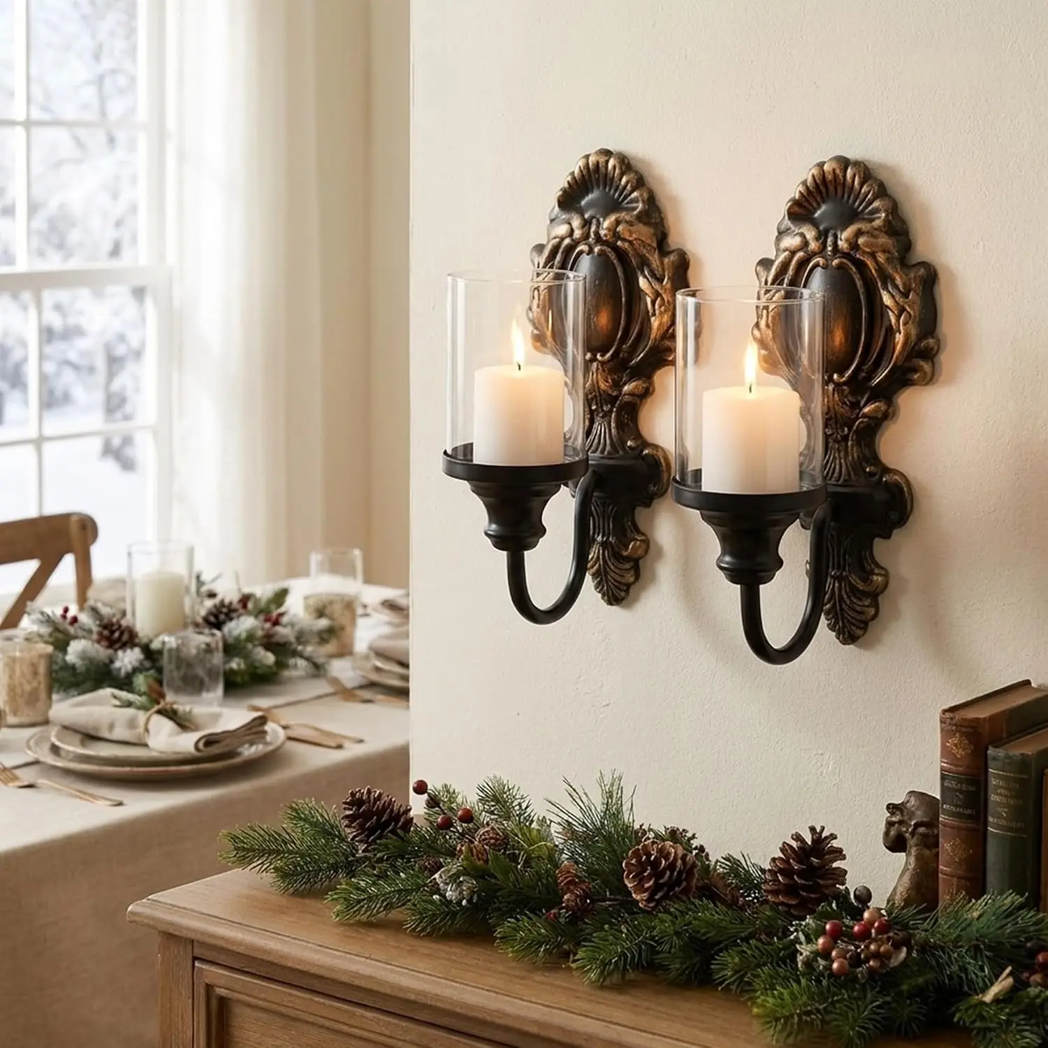 Candle Sconce, 2PCS Wall Candle Holder Vintage Iron Wall Mounted Candlestick Holder with Windproof Glass Dome for Home Decor 10.5"/26.7cm Black
