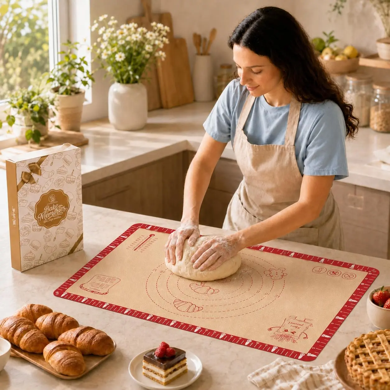 Extra Thick  Baking Mat with Recipes - 26x16 inch Non Stick Pastry Mat with Measurements for Sourdough, Macarons, Bread, Pizza, Dough Rolling, Kneading, Heat Resistant to 480°F  for Baker