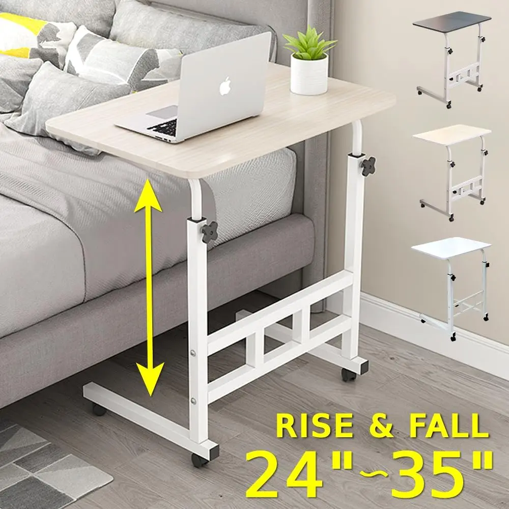 Adjustable Standing Desk,C-Shaped Side Table,Mobile Rolling End Desk,Laptop Computer Stands,Desktop Book Stands with Wheels,Mobile Standing Desk On Wheels With Metal Storage Frame, Bed Table With Wheels Height Adjustable Hospital And Home Use, Natural