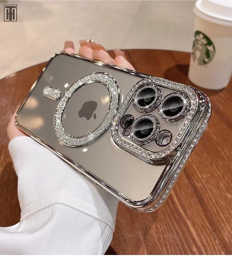 Luxury Bling Crystal Lens Film Phone Case For iPhone 15 11 12 13 14 Pro Max Plus Magsafe Magnetic Wireless Charging Clear Cover
