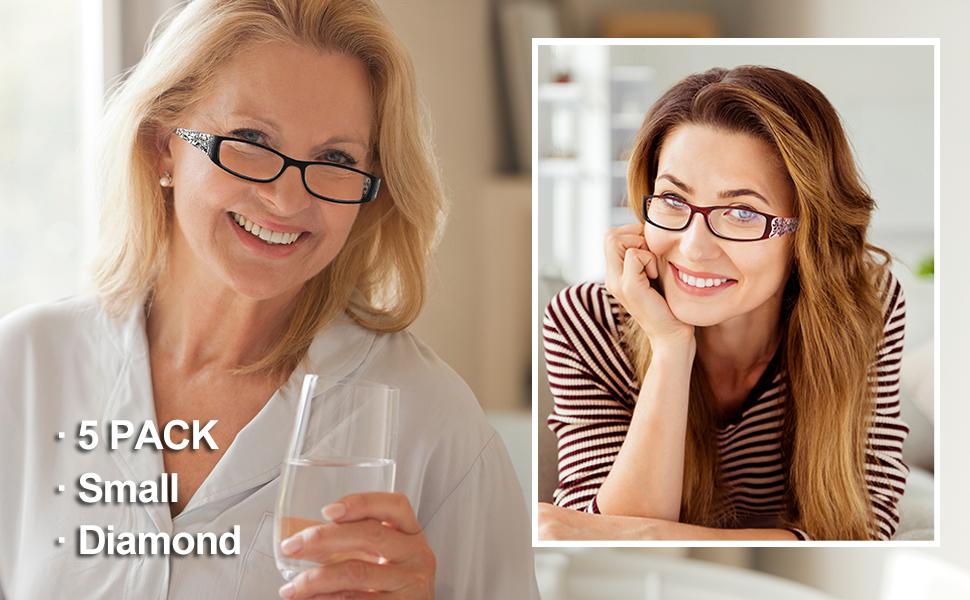 Reading Glasses Women Rhinestone Computer Reader Stylish Spring Hinge With Laser Pattern Diamond Eyewear 5 Pack PT2003