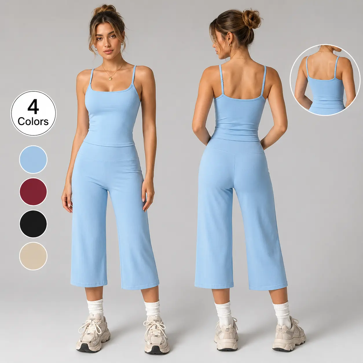 Women’s Rise Active 2-Piece Loungewear Set - Sleeveless Spaghetti Strap Fitted Tank Top & Loose-Fit Cropped Wide Leg Pants, Summer Casual Matching Outfit, Two Piece Set, Matching Set