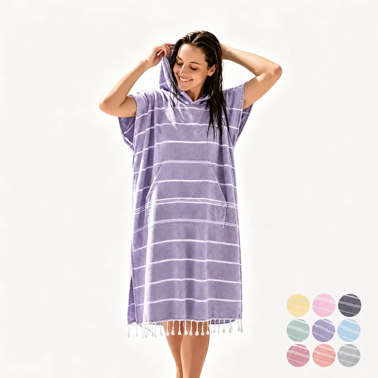 Hooded Beach Towel Cape with Pockets and Fringe, Quick-Dry Soft Absorbent Wearable Changing Towel, Ideal for Beach, Pool, Surfing, Camping, Travel