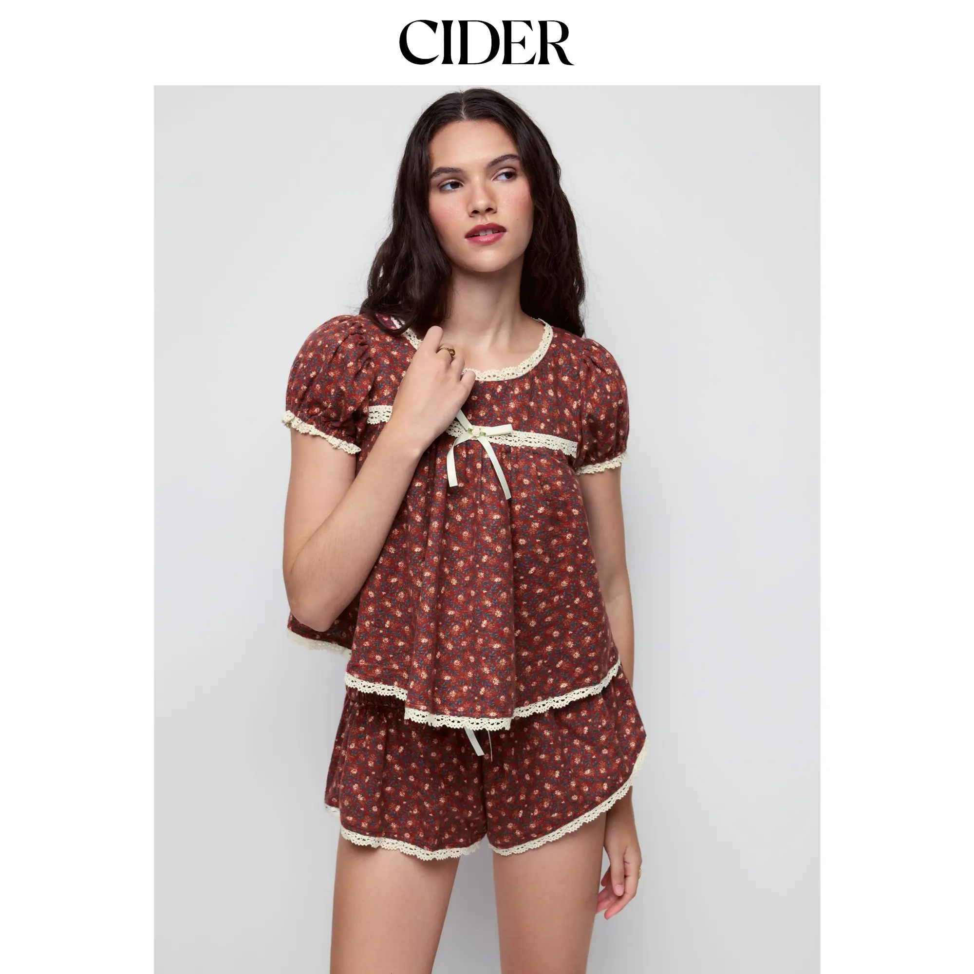 Cider Cotton Ditsy Floral Lace Trim Bowknot Top & Low Rise Wide-Leg Shorts Loungewear Set