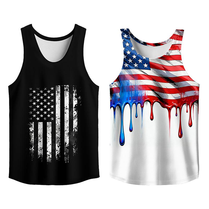 Y2K 2 Pack USA Flag Graphic Tees, Menswear Tank Top Slim Fit Apparel, Big and Tall Gym Workout Running Tee, Comfy Casual Sleeveless