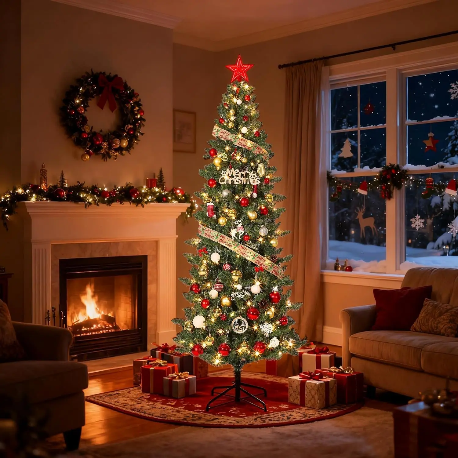 6FT Pre-Lit Artificial Christmas Tree with LED Lights, 9 Remote Control Lighting Modes, Space-Saving Skinny Slim Pencil Xmas Tree, Tool-Free Easy Assembly for Indoor Home Office Corner Holiday Decoration, 4.5FT 7.5FT 9FT