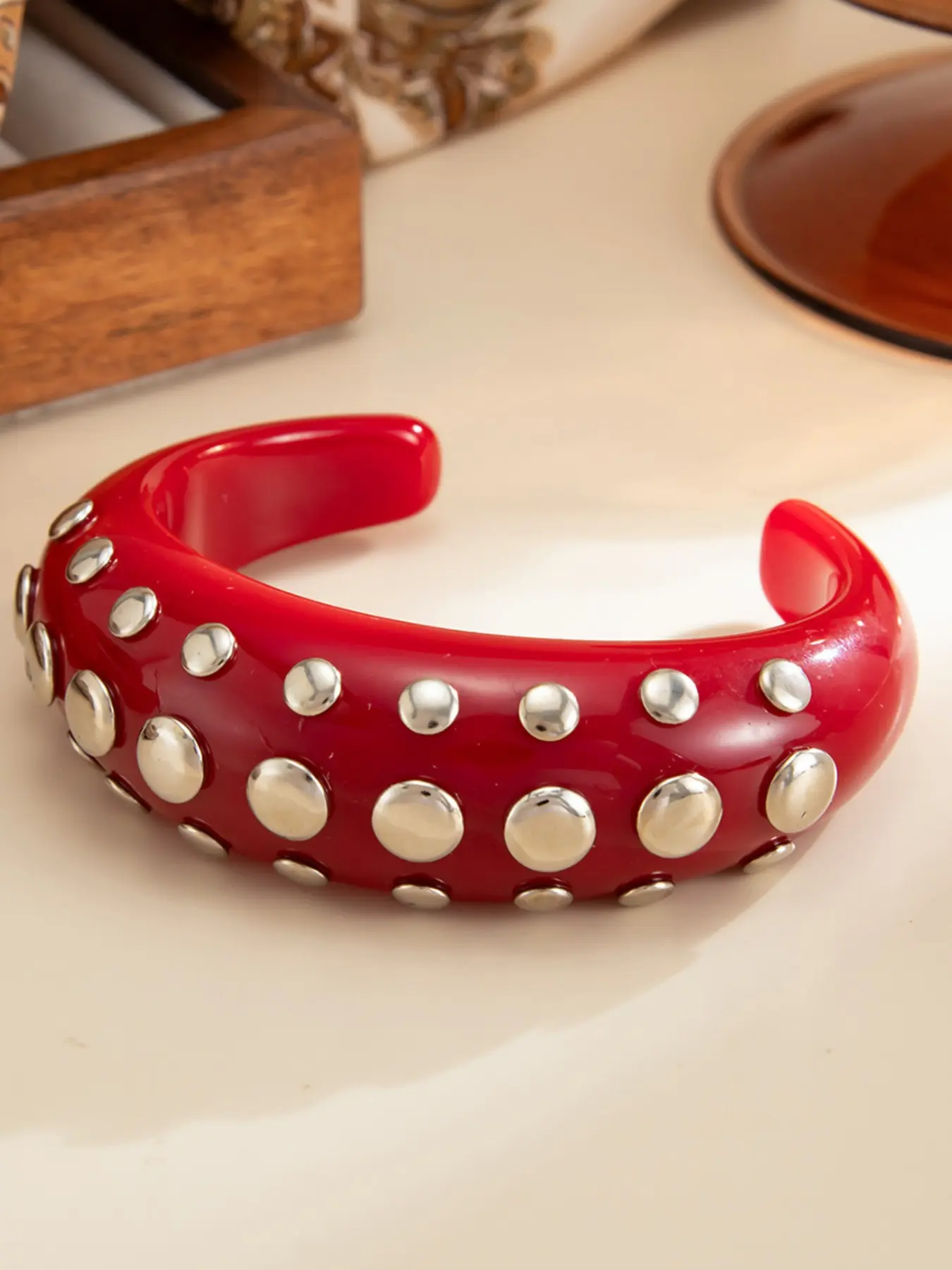 Retro red studded wide cuff bracelet, acrylic open punk cyberpunk bracelet jewelry, rock-style bold and thick bracelet classic accessory for women, Adjustable Bracelet