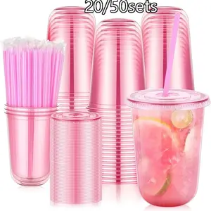 20/50 Count 16oz Plastic Cups with Lids and Straws, Disposable Clear Iced Coffee Cups, Round Bottom for Cold Drinks, Party Supplies