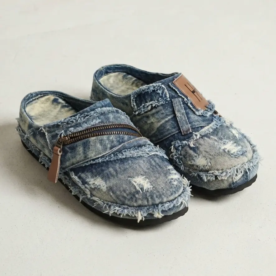 Men Vintage Frayed Denim Mule Slippers Distressed Ripped Design Zipper Detail Flat Comfort Walking Slides