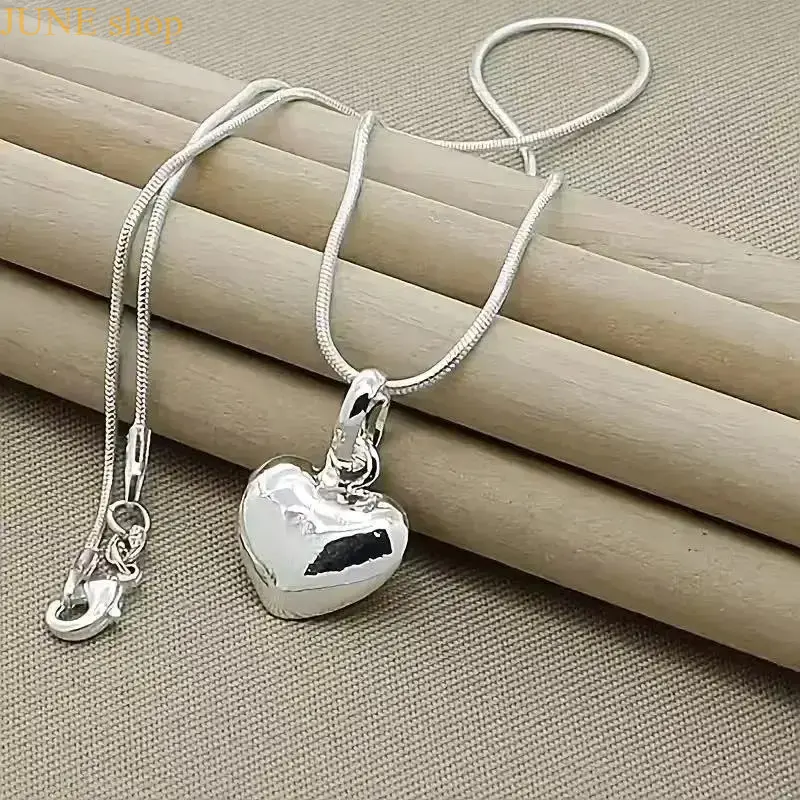 Silver Heart Pendant Necklace With Snake Bone Chain For Women, Smooth Metallic Finished Neck Ornament Featuring Classic Chic Structure, Suitable For Daily Outfit Matching Dating Events Formal Parties And Holiday Gift Preparation Between Close Companions,,