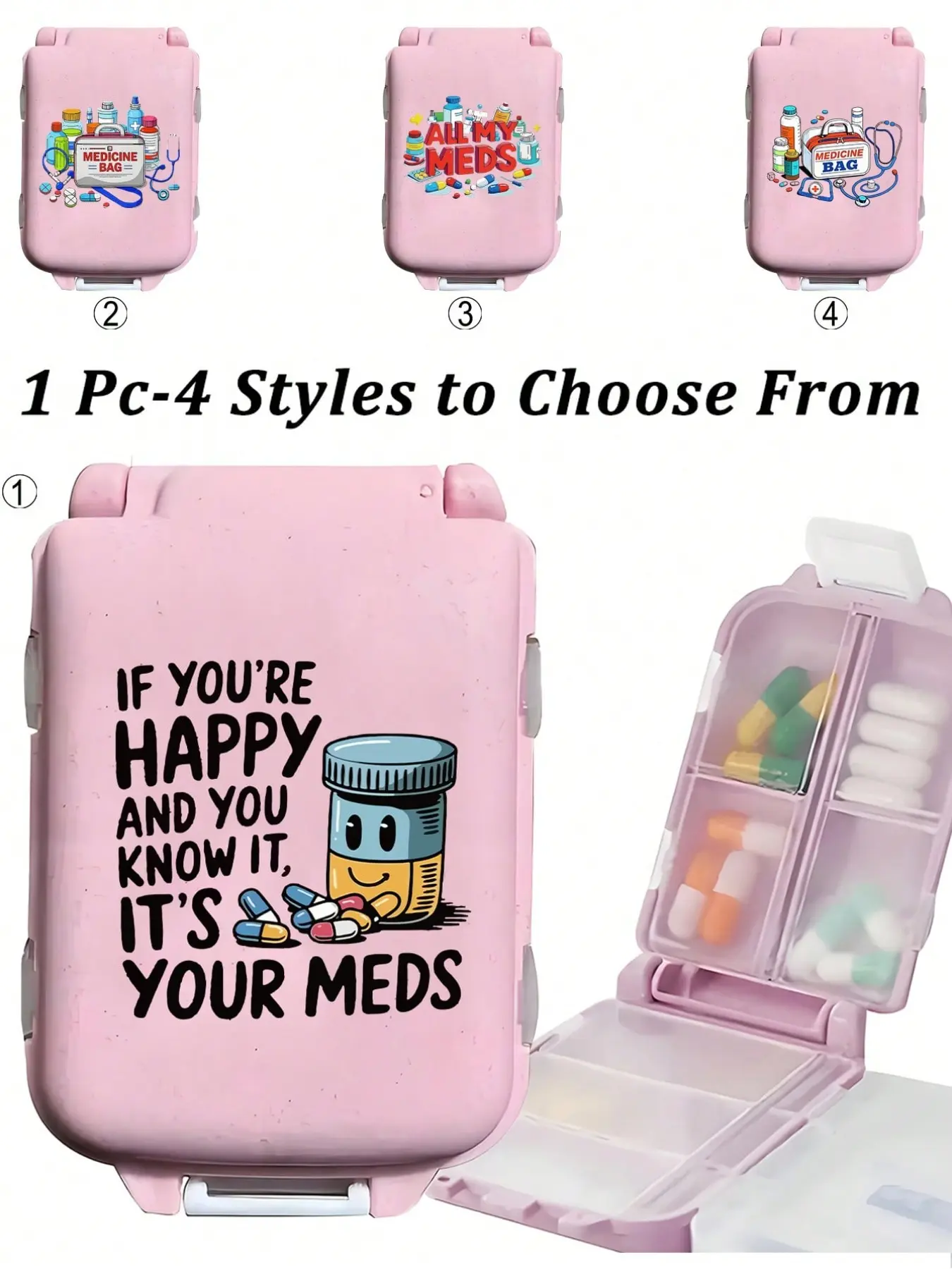 8-grid pink portable pill case with medical print, moisture-proof plastic storage box for vitamins and medicine, great for camping and hiking, Portable Vitamin Organizer