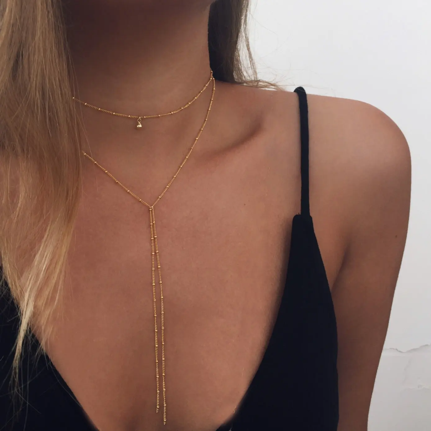 Dainty Tiny Bead Double Layer Lariat Y Drop Necklace Gold Silver Two Tone Minimalist Long Tassel Choker Necklaces For Women Daily V Neck Camisole Evening Dress Delicate Jewelry