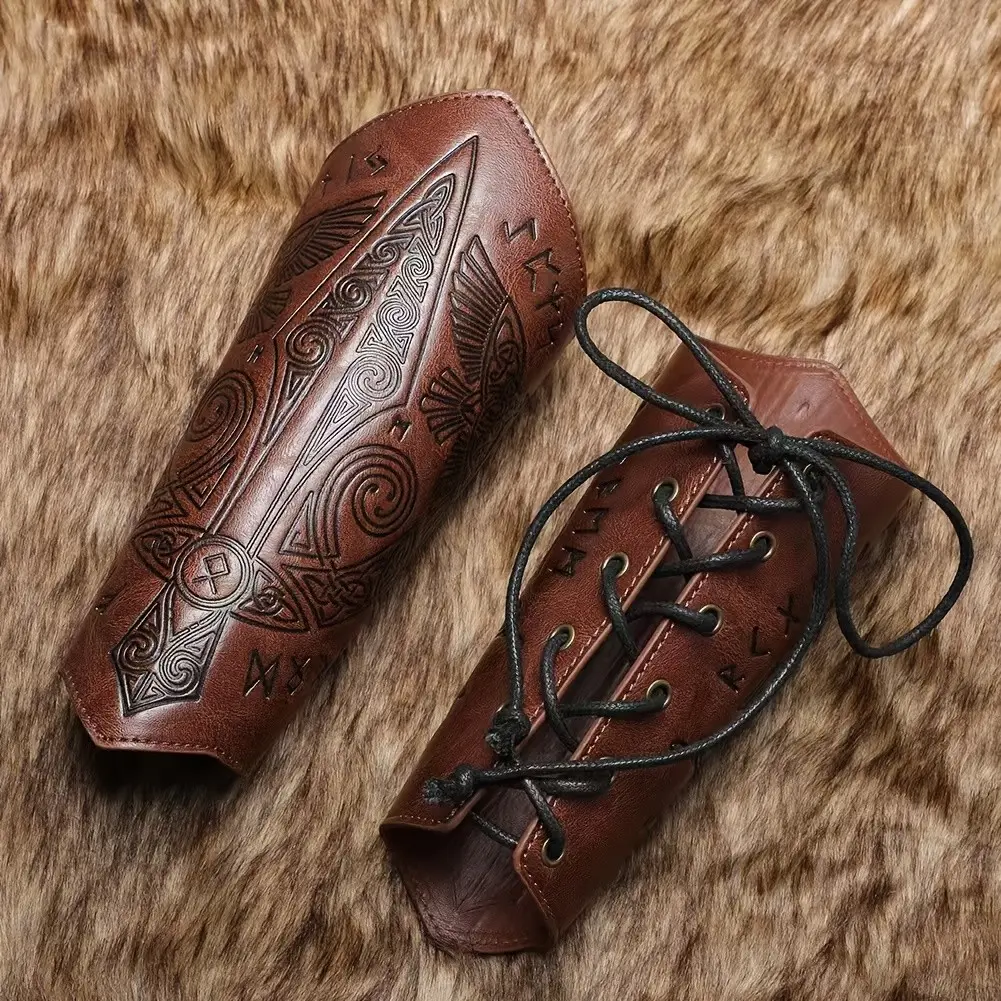 2 Piece Medieval PU Leather Wrist Guards, Dragon Pattern Viking Arm Bracers, Halloween Costume Accessories, Fantasy Gear