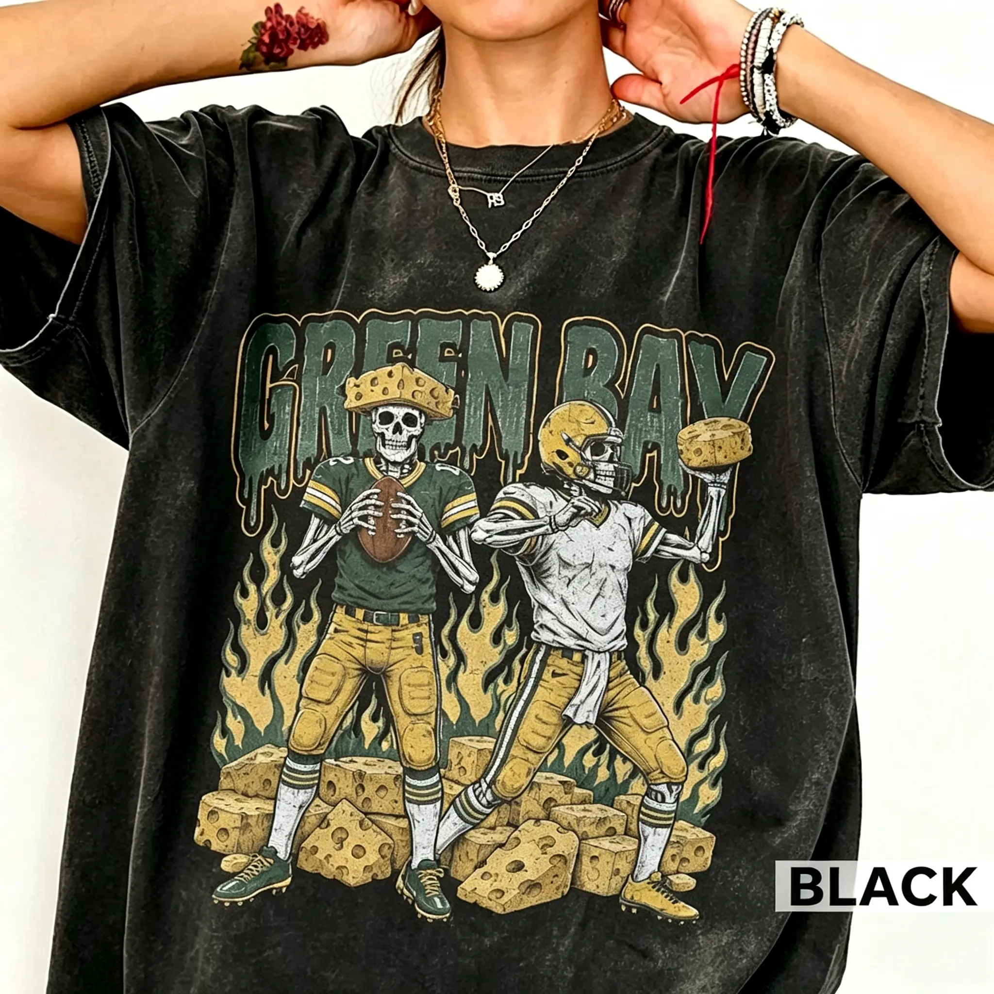 Green Bay Football Skull Washed T Shirt, Vintage Green Bay Fan Tee, Game Day Gift For Football Fans, Comfort Colors Football Shirt