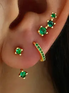 3 Pairs Gold Plated Green Cubic Zirconia Earring Set, Climber Crawler Studs & Tiny CZ Hoop Earrings Multipack Ear Jewelry for Women