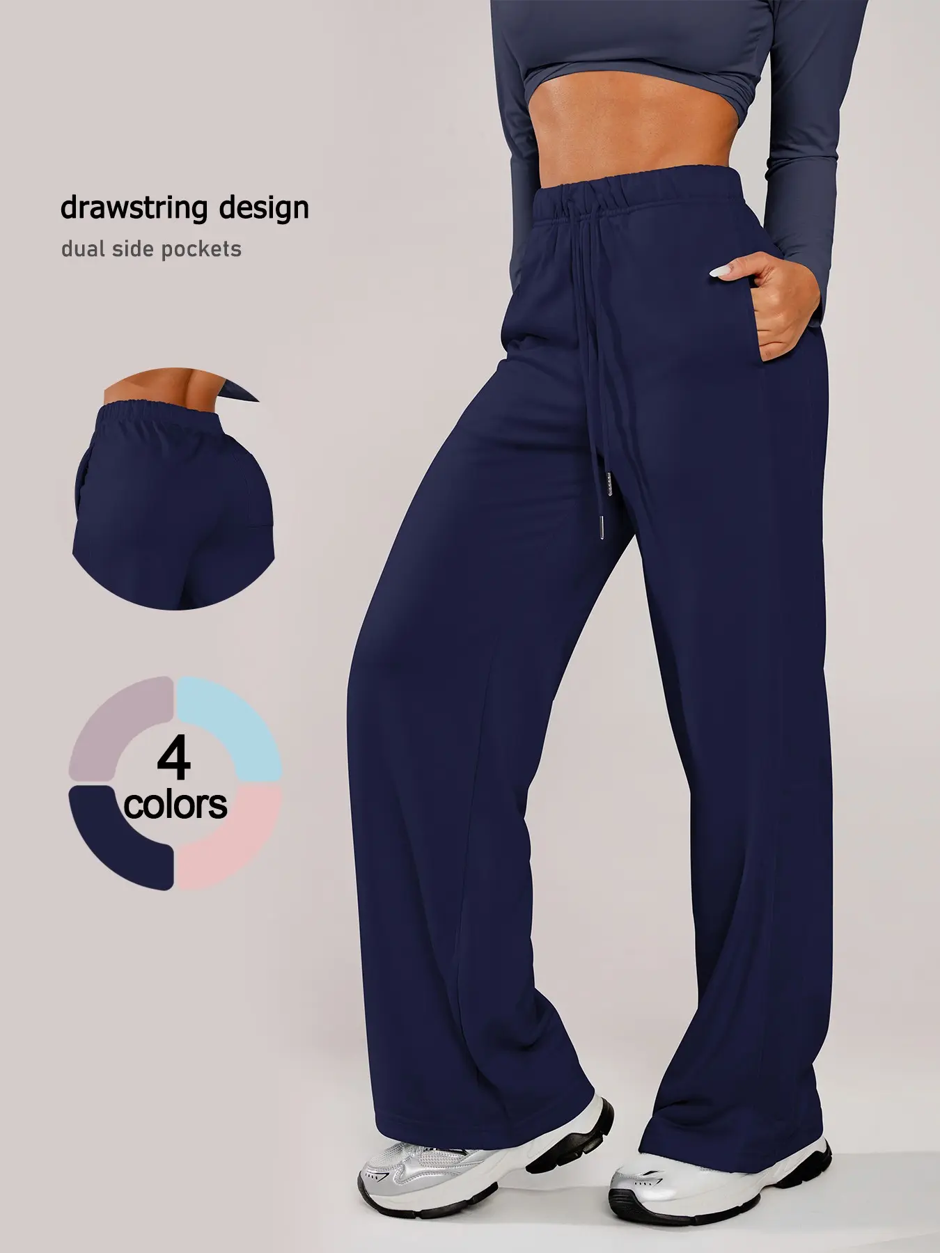 Women's Sporty Long Pants, Soft Knit Fabric, Breathable, Elastic Waist, Metal Drawstring, Practical Pockets, Loose Fit, Comfortable