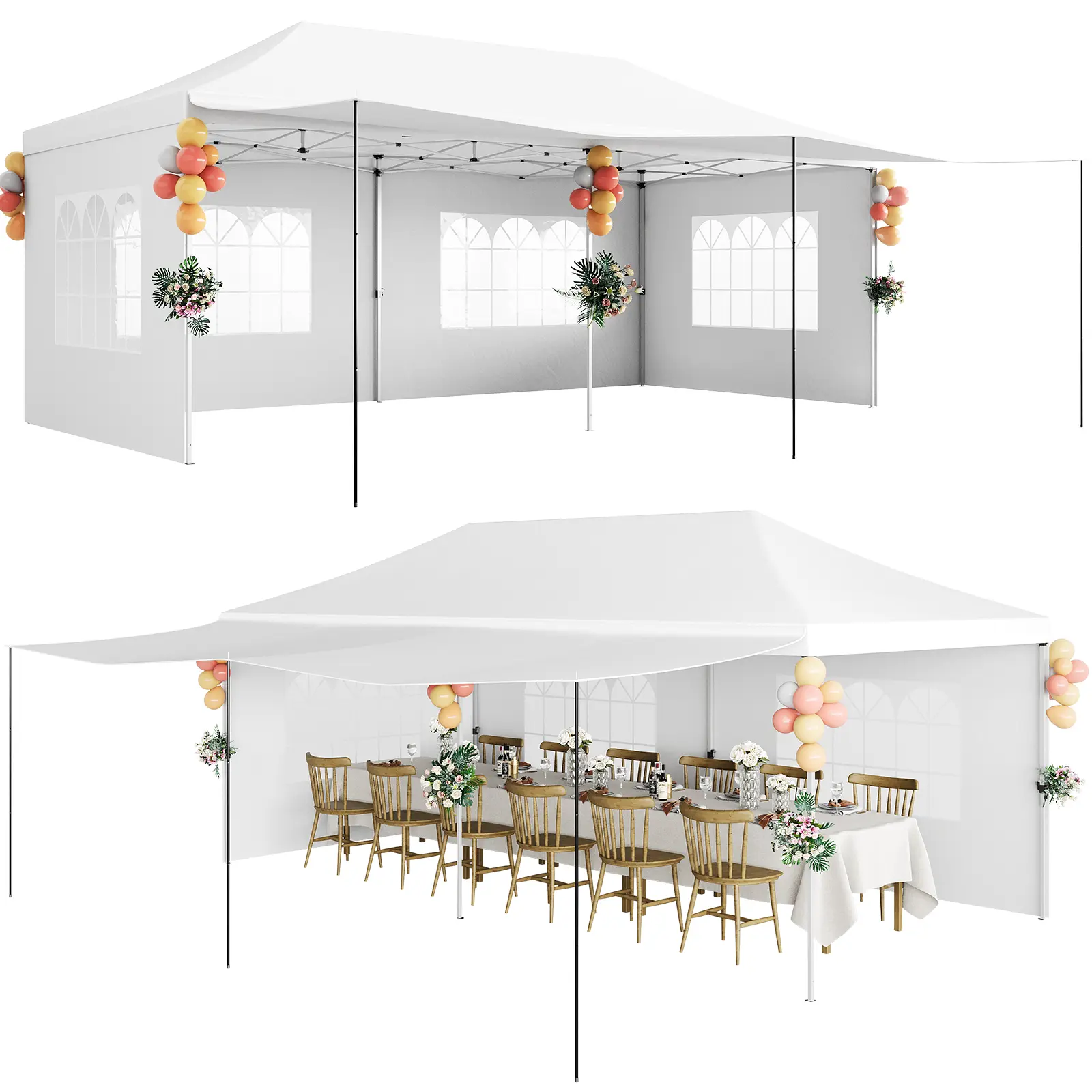 Garvee Heavy Duty 10x20 FT Pop Up Gazebo Tent, UV50 Waterproof Oxford Canopy with Removable Sidewalls, Awning, Wheeled Bag and Sandbags, Commercial Outdoor Shelter for Wedding Party Backyard Patio, White
