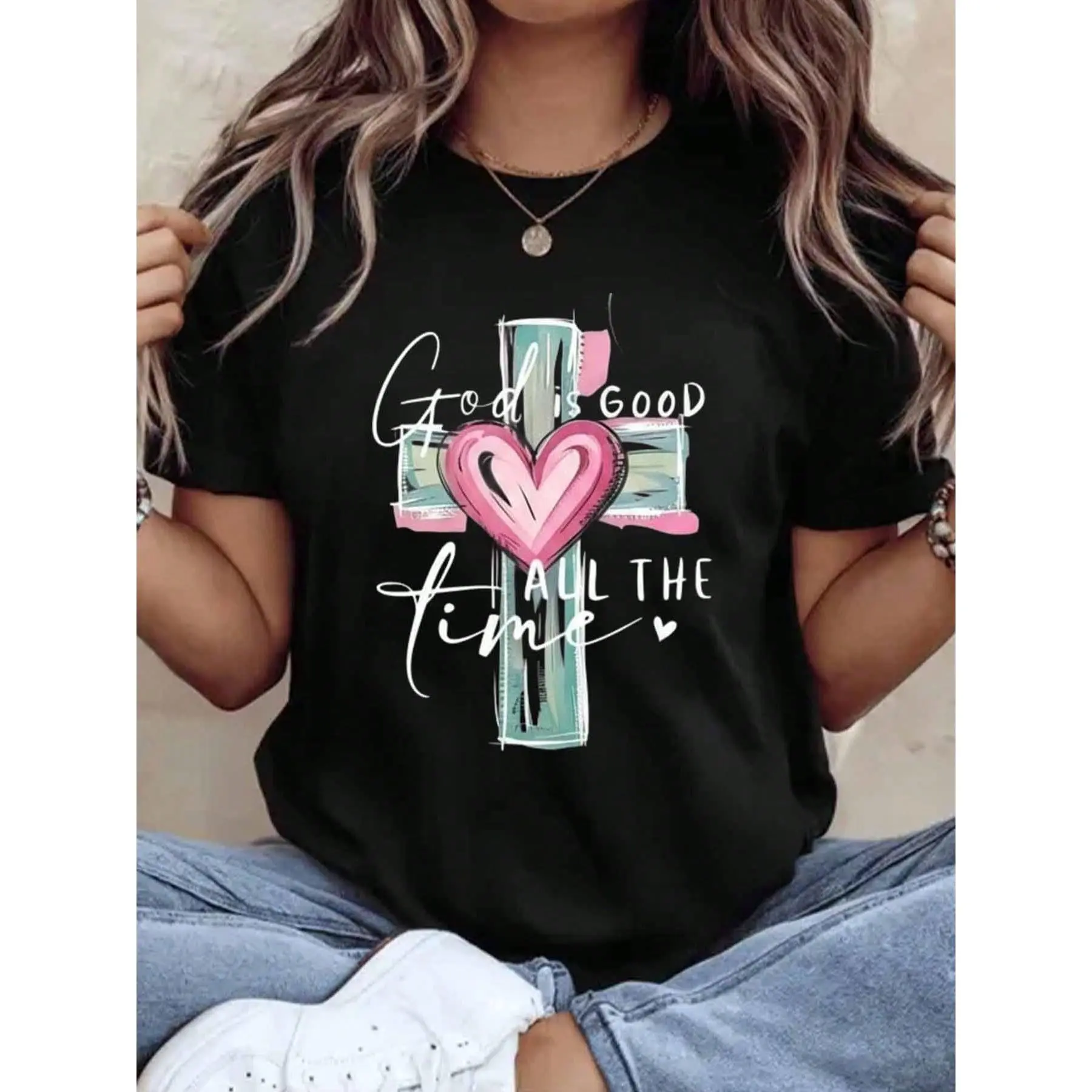 God Is Good All The Time Cross Heart Christian T-Shirt For Women Faith Inspired Religious Shirt Mother Day Gift Idea,220g manga skull graphic vintage girlfriend cotton sport casual basic short sleeve t-shirt meaningful anniversary