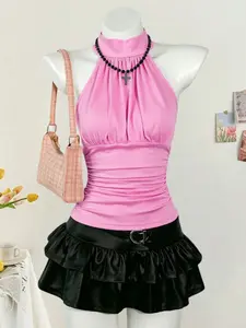 Y2K Pure Desire Halter Sleepwear Top, Ruched Waist Slim Fit Stretch Fabric, Sexy Home Wear, Versatile Daily, Strapless Pajama