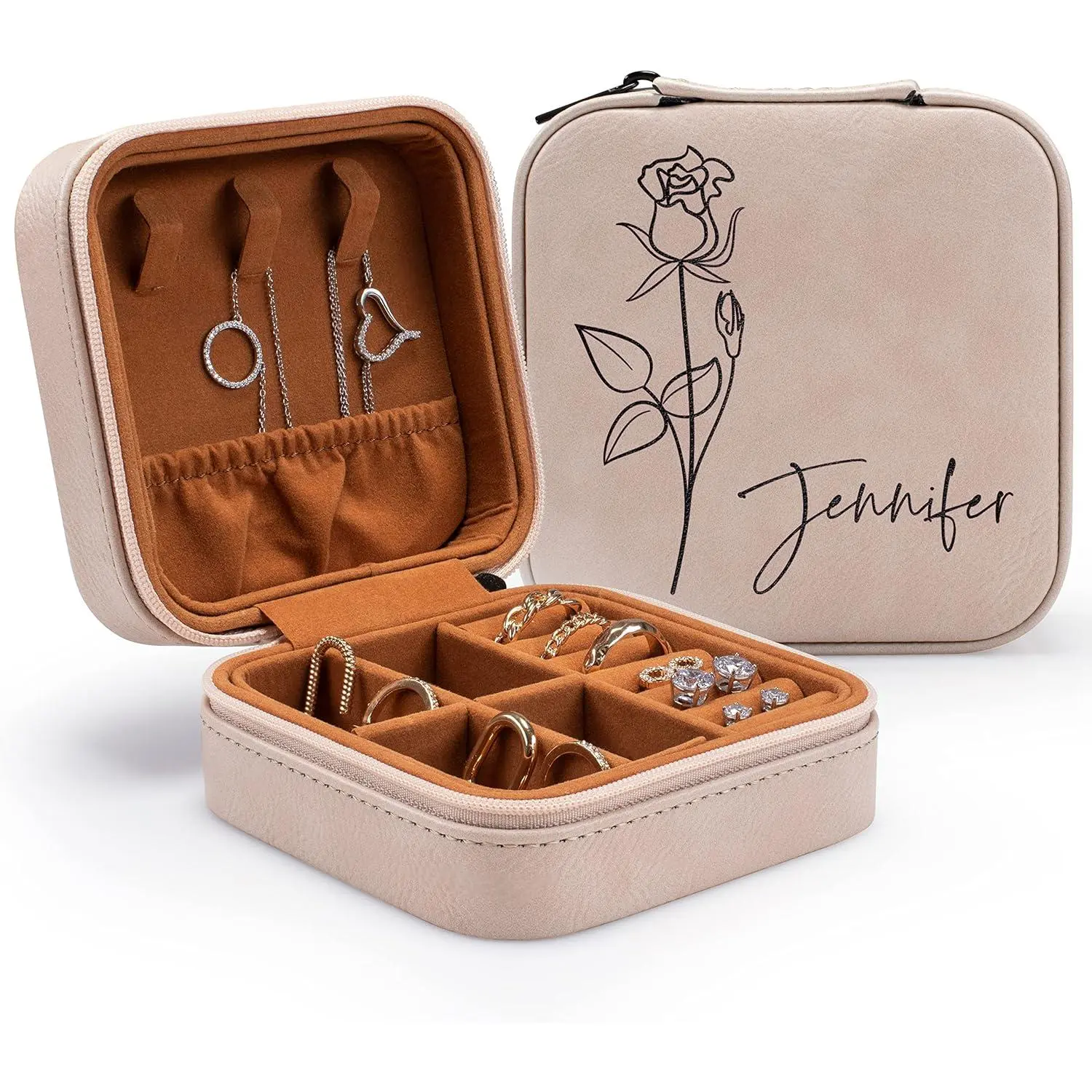 Vegan Leather Square Jewelry Organizer Box - Custom Name & Birth Flower Month, Adjustable, Beige - Personalized Travel Case, Anniversary & Birthday Gifts for Women Daughter, Durable