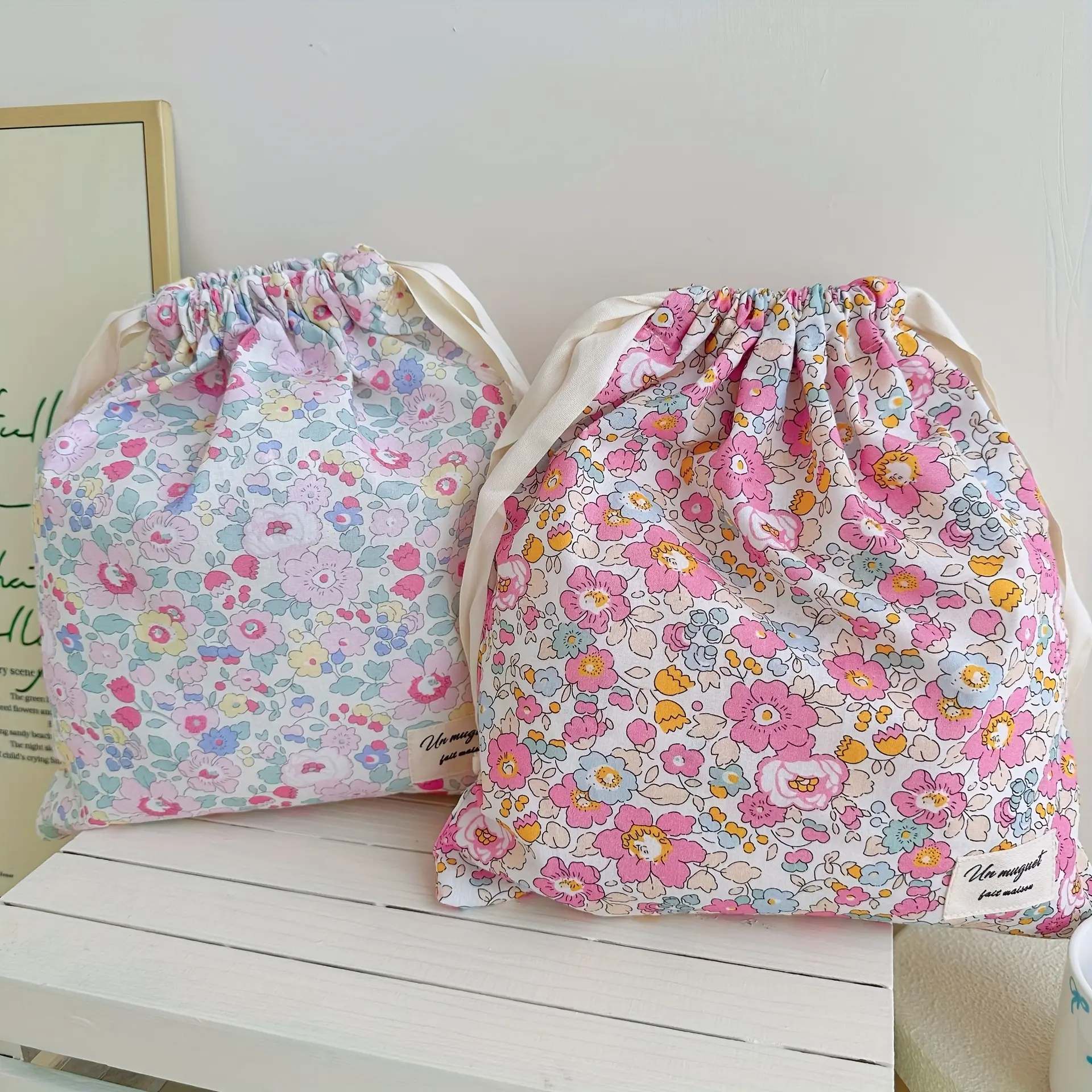 Vintage Floral Drawstring Pouch, Inner Bag, Storage Bag, Lingerie Bag, Travel Bag