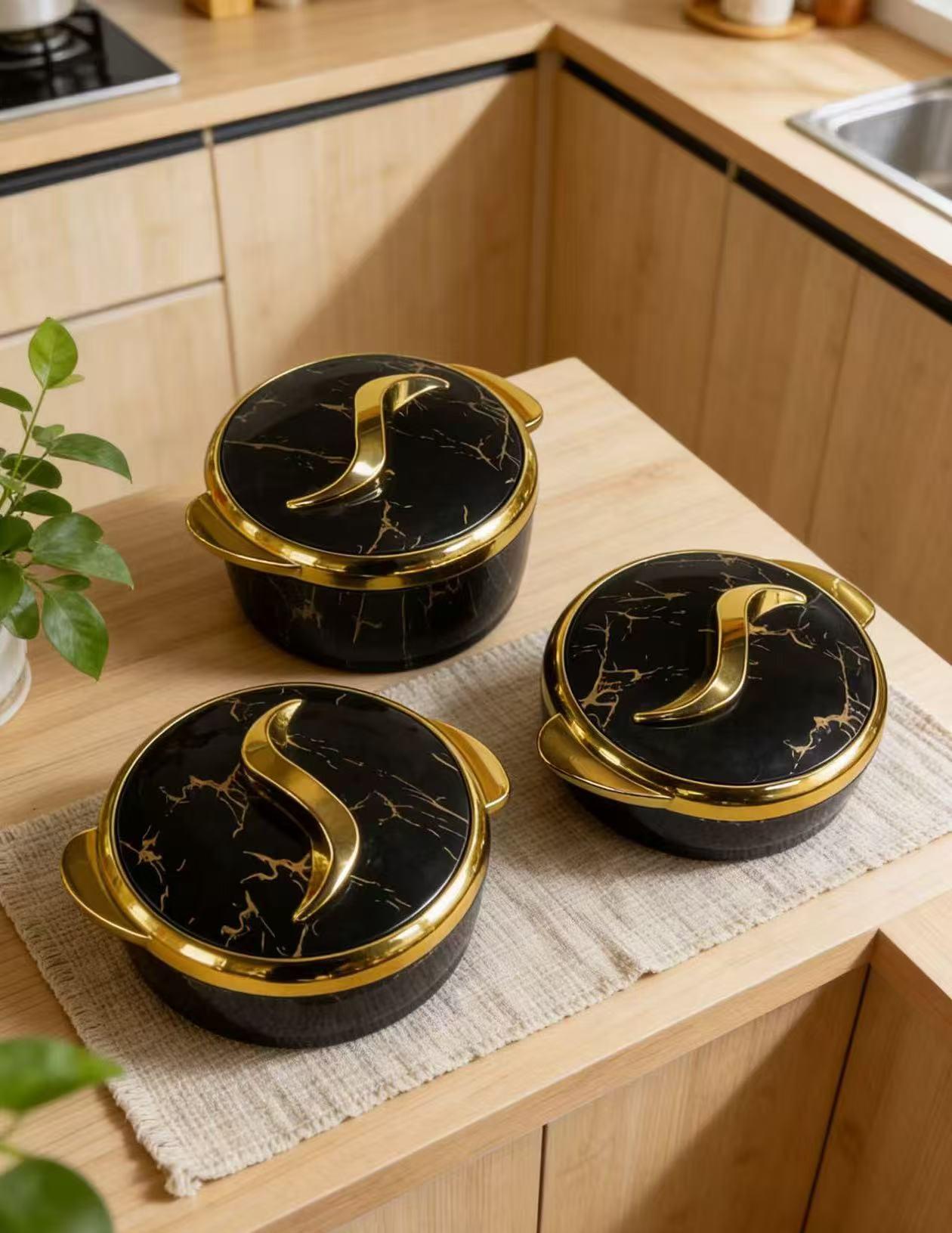 Marble-patterned insulated tableware set, 3-piece modern stainless steel insulated casserole with lid, suitable for buffet use, heat-resistant baking dish for parties and everyday use, party event supplies