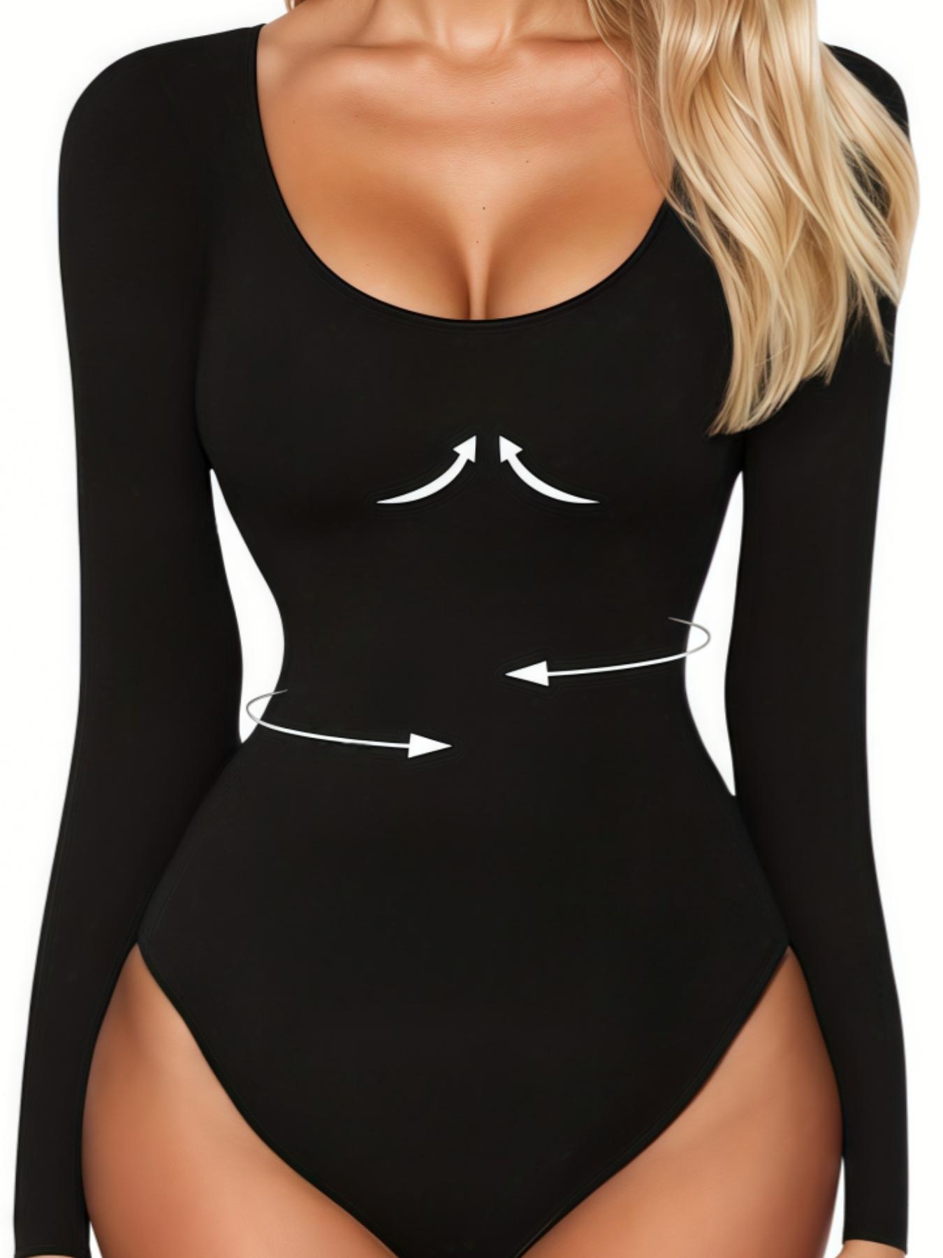 Women's Ribbed Abdomen Control Bodysuit, Long Sleeve Seamless T-Shirt, Comfortable Scoop Neck Bodysuit Stretchy Basic Tops, Fit Soft Elastic Fabric, Perfect for Daily Wear and Going Out, Shapewear for Fall&Winter
