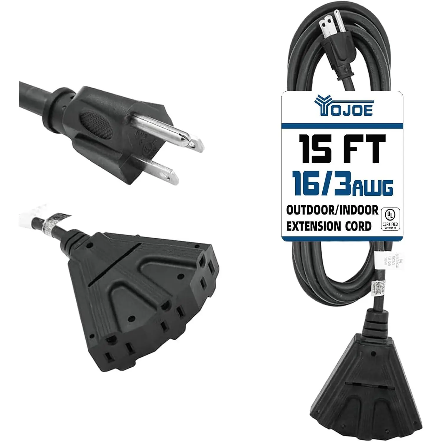 3-Outlets Indoor Outdoor Extension Cord, 3 Prong 13A Weatherproof Power Cord Multiple Outlets, 16 Gauge Heavy Duty 15 ft Black Extension Cord for Garage, Garden, 16/3 SJTW UL Certified