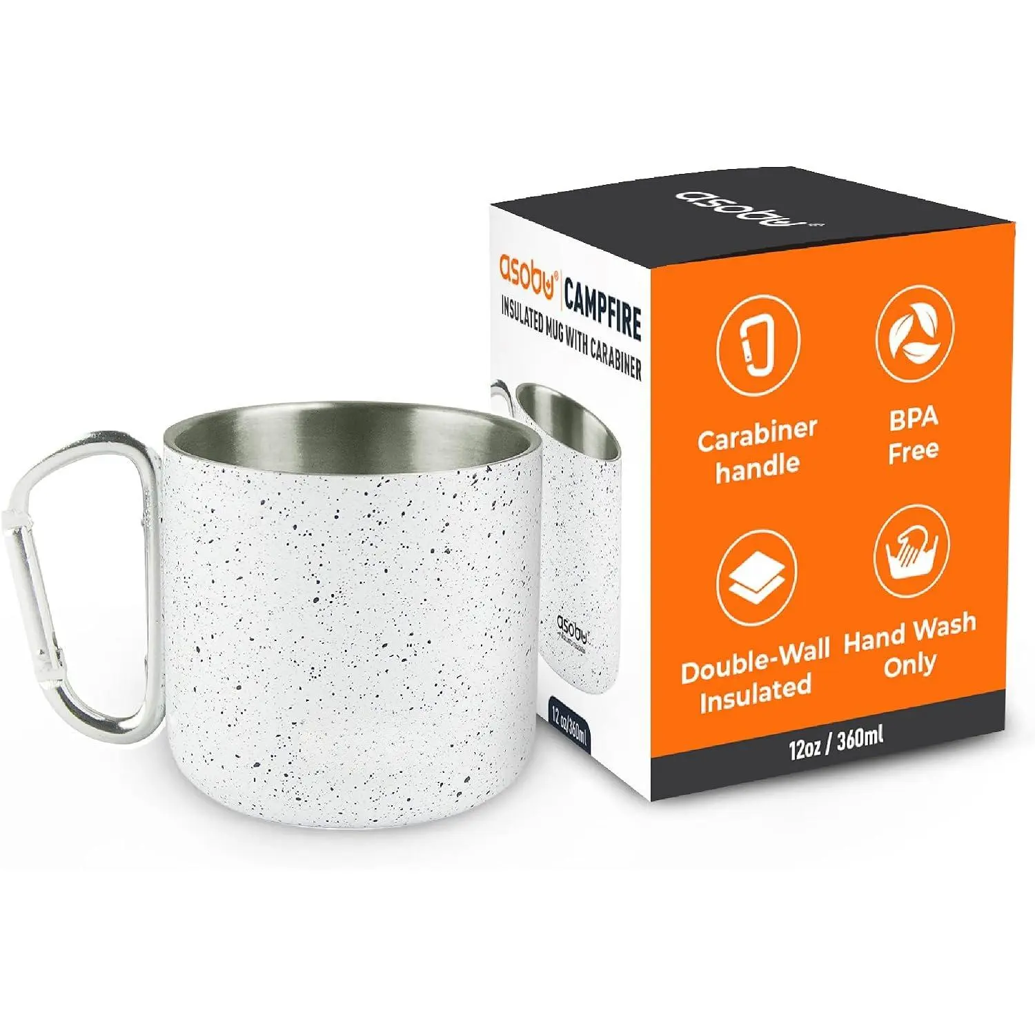 Campfire Mug, 12oz Camping Coffee, Compact  Stainless Steel Double-Wall Carabiner Handle for Outdoor Adventures, Mug for Travel, Hiking, Gifts for Camping