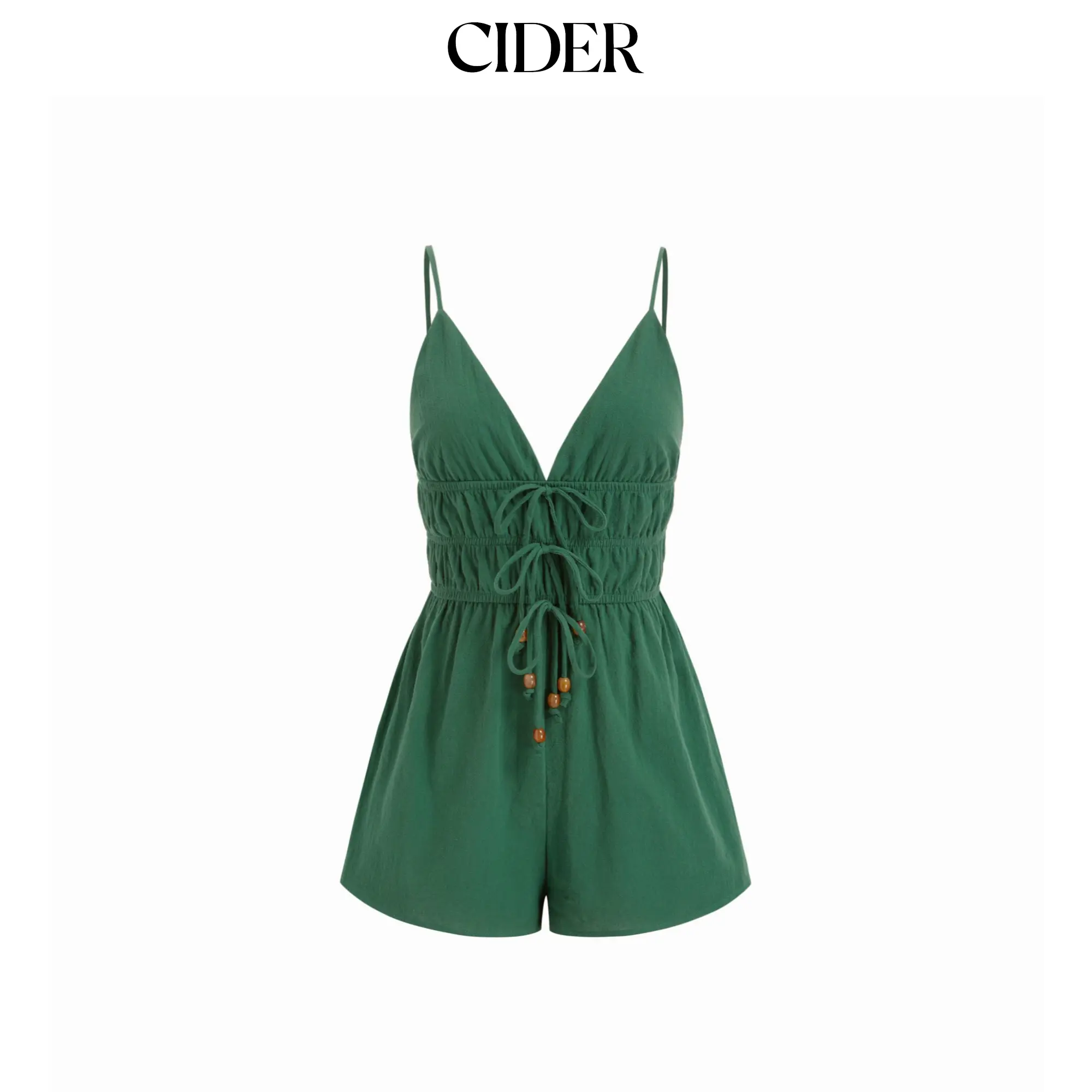 Cider Cotton V-neck Mid Rise Ruched Drawstring Romper